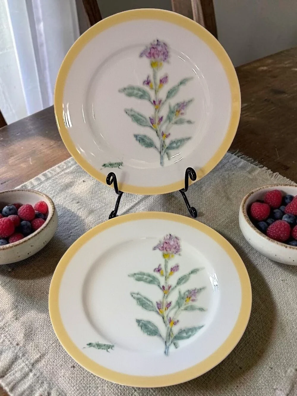 2 Williams Sonoma Flowering Herbs Salad Plates Purple Herb Flowers Grasshopper
